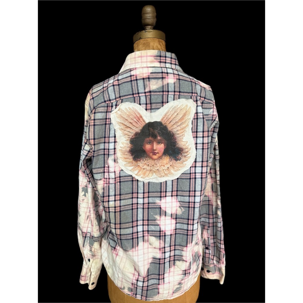 Upcycled Angel‎ Flannel Bleach Dye Folk Art Shirt Cottagecore Boho Med. Slim fit